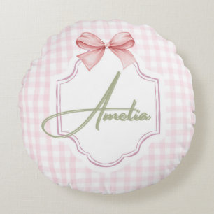 Amelia gepersonaliseerde roze strik & gingham prin rond kussen