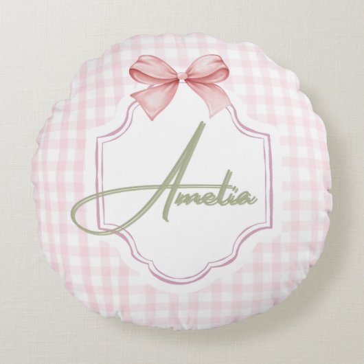 Amelia gepersonaliseerde roze strik & gingham prin rond kussen (Voorkant)