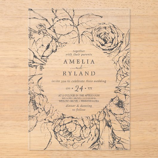 AMELIA Modern Elegant Botanische Bloemen Huwelijk Acryl Uitnodigingen (Voorkant)