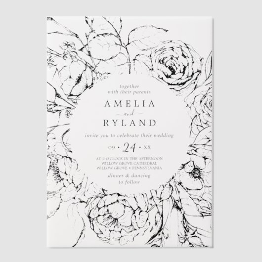 AMELIA Modern Elegant Botanische Bloemen Huwelijk Vellum Uitnodigingen (Voorkant)