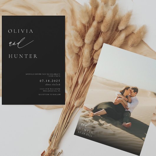 AMELIA Moderne Foto Zwart & Wit Huwelijk Kaart