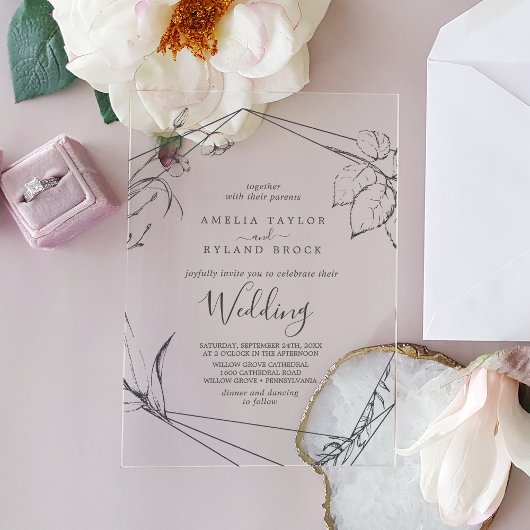 AMELIA Moderne Rustieke Boho Elegante Bloemen Huwe Acryl Uitnodigingen