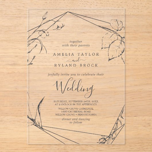 AMELIA Moderne Rustieke Boho Elegante Bloemen Huwe Acryl Uitnodigingen (Voorkant)