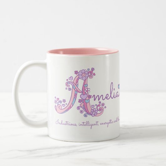 Amelia-naam: decoratieve A-monogram-mok Tweekleurige Koffiemok (Links)