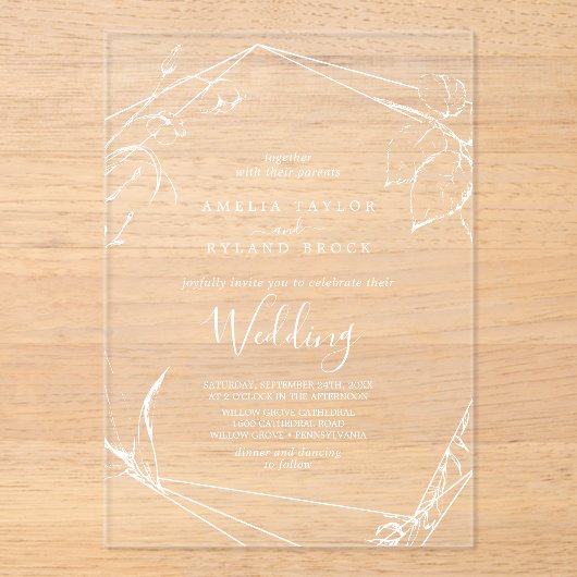 AMELIA Wit Rustiek Boho Elegant Bloemen Huwelijk Acryl Uitnodigingen (Voorkant)