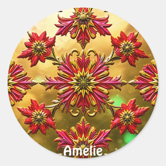 AMELIE ~ Glanzend Rood Goud Zwart Kerstmis ~ Ronde Sticker (Voorkant)