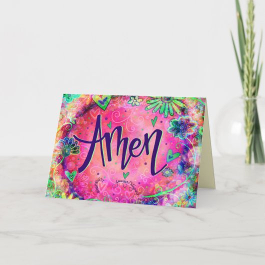 Amen  roze grillige bloemen trendy kaart (Voorkant)