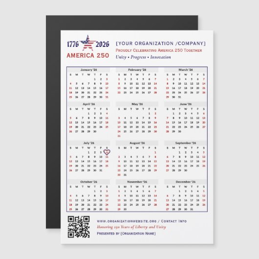 America 250 Patriotic 2026 Kalender Keepsake (Voorkant / Achterkant)