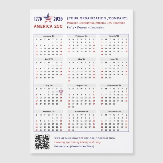 America 250 Patriotic 2026 Kalender Keepsake (Voorkant)