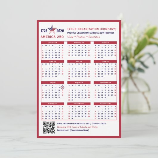 America 250 Patriotic Red 2026 Calendar Kaart (Staand voorkant)