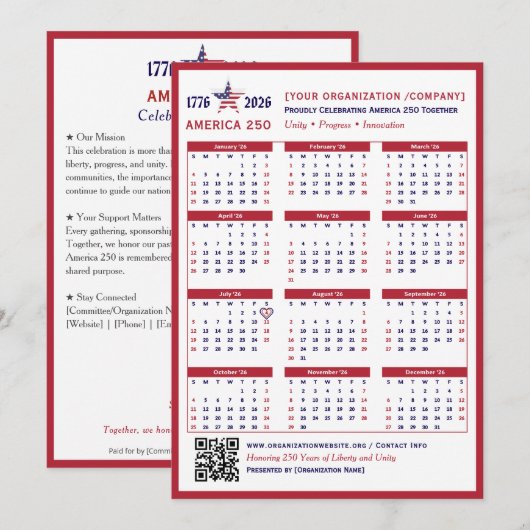 America 250 Patriotic Red 2026 Calendar Kaart (Voorkant / Achterkant)