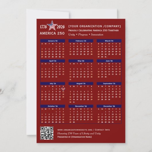 America 250 Patriotic Red 2026 Calendar Kaart (Voorkant)