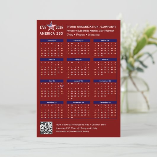 America 250 Patriotic Red 2026 Calendar Kaart (Staand voorkant)