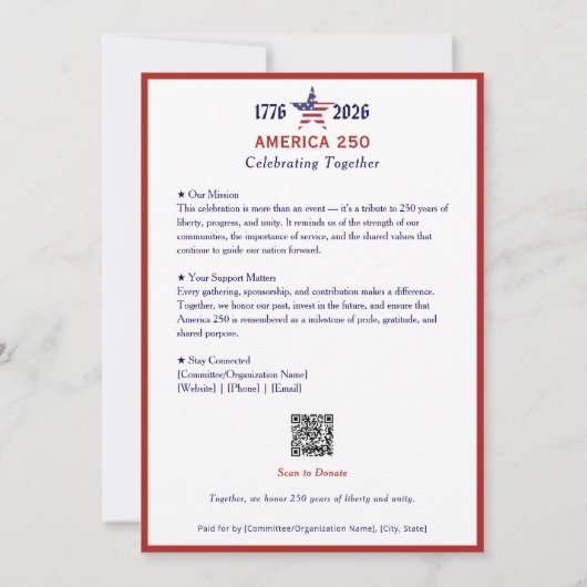 America 250 Patriotic Red 2026 Calendar Kaart (Achterkant)