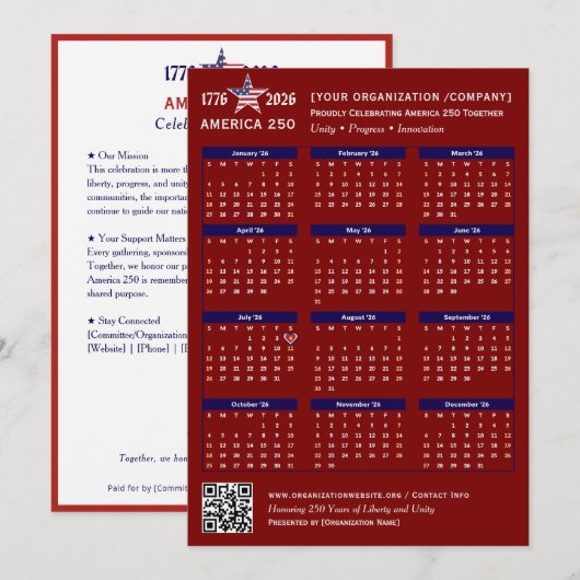 America 250 Patriotic Red 2026 Calendar Kaart (Voorkant / Achterkant)