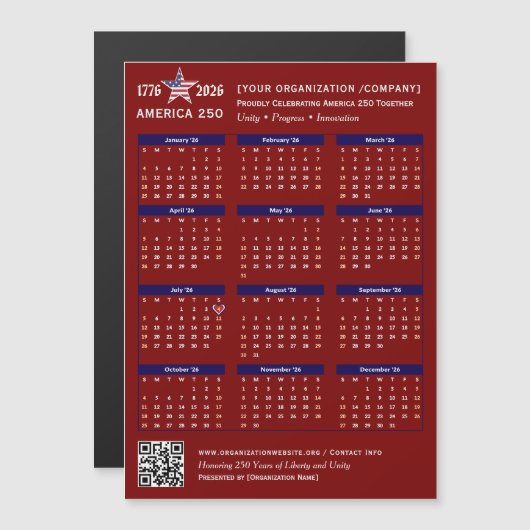 America 250 Patriotic Red 2026 Kalender Keepsake (Voorkant / Achterkant)