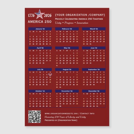 America 250 Patriotic Red 2026 Kalender Keepsake (Voorkant)