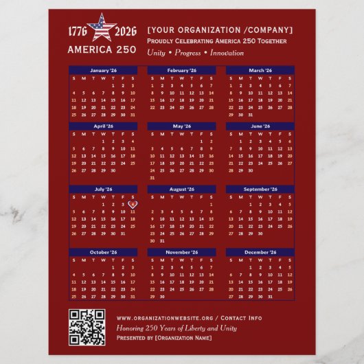 America 250 Patriotic Red 2026 Kalender Keepsake Flyer (Voorkant)