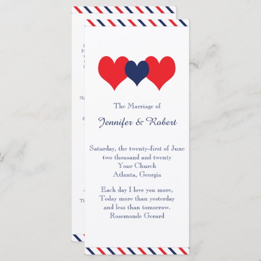 America ana Hearts Wedding Program Programmakaart (Voorkant / Achterkant)