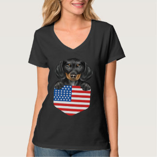America Flag Black Dachshund Dog In Pocket T-shirt