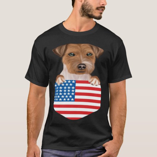 America Flag Russell Terrier Dog In Pocket T-shirt (Voorkant)