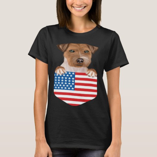 America Flag Russell Terrier Dog In Pocket T-shirt (Voorkant)