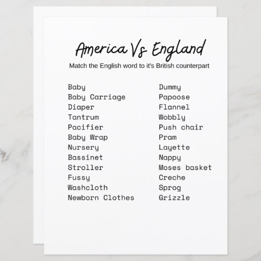 America vs. England Baby shower Game (Voorkant / Achterkant)