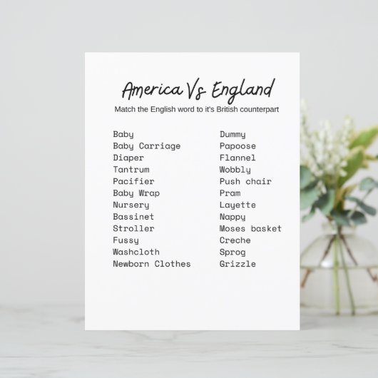 America vs. England Baby shower Game (Staand voorkant)