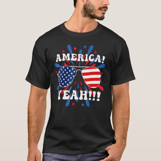 America Yeah Flag Sunglasses 4th Of July Fireworks T-shirt (Voorkant)