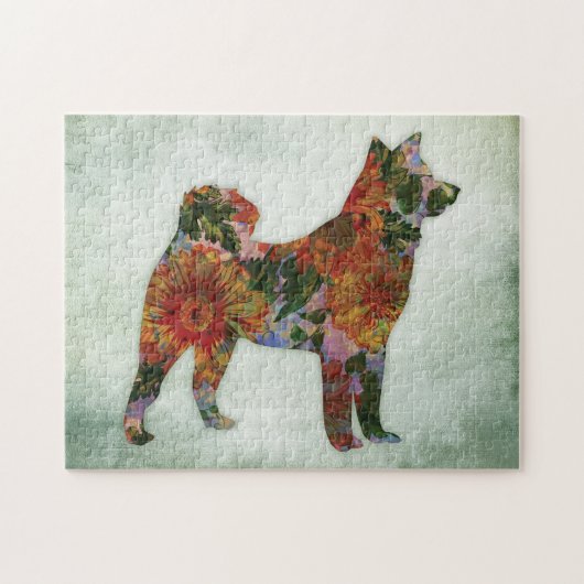 American Akita Dog Floral over groen Legpuzzel (Horizontaal)