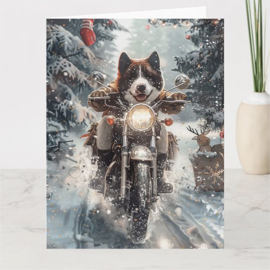 American Akita Hond Rijden Motorfiets Kerstmis Kaart (Voorkant)
