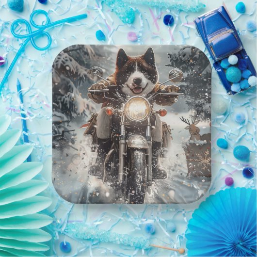 American Akita Hond Rijden Motorfiets Kerstmis Papieren Bordje (Feest)