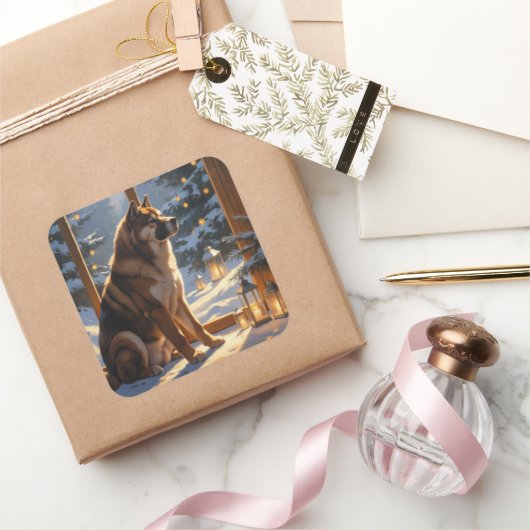 American Akita With Christmas Lights Holiday Vierkante Sticker (Geschenken)