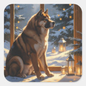 American Akita With Christmas Lights Holiday Vierkante Sticker (Voorkant)
