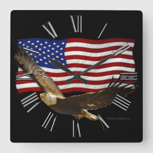 American Bald Eagle & US Flag Patriotic Art Clock Vierkante Klok