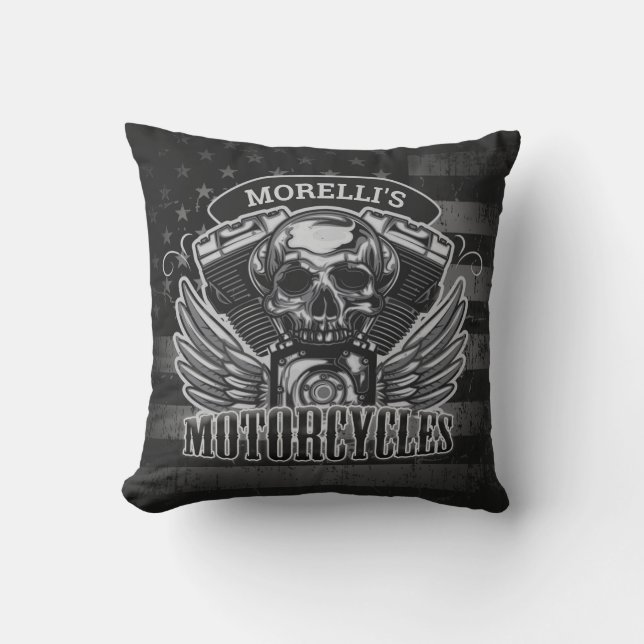 American Biker ADD NAME Skull V-Twin Motorcycli Kussen (Voorkant)
