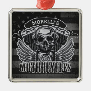 American Biker ADD NAME Skull V-Twin Motorcycli Metalen Ornament