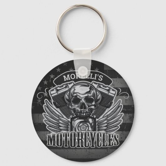 American Biker ADD NAME Skull V-Twin Motorcycli Sleutelhanger (Voorkant)