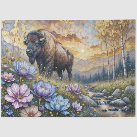 American Bison in floral mountain valley Tissuepapier (Voorkant)