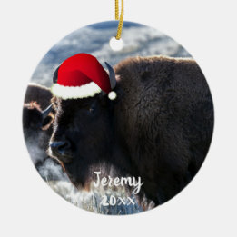 American Bison in Santa Hat  Keramisch Ornament