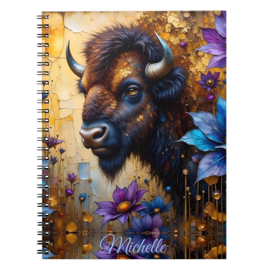 American Bison in textured Flower *Personalize* Notitieboek (Voorkant)