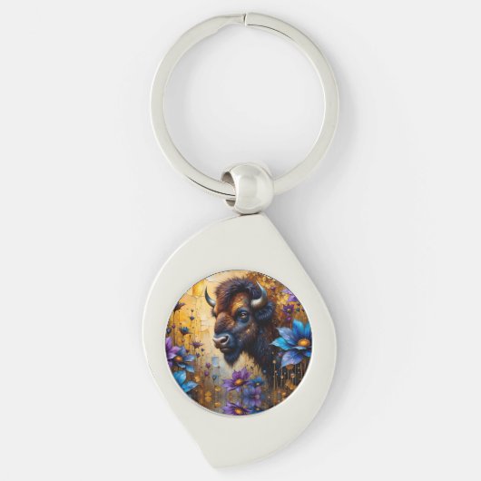 American Bison in textured Flower portrait Sleutelhanger (Voorkant)