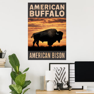 American Bison Sunset Silhouet Poster