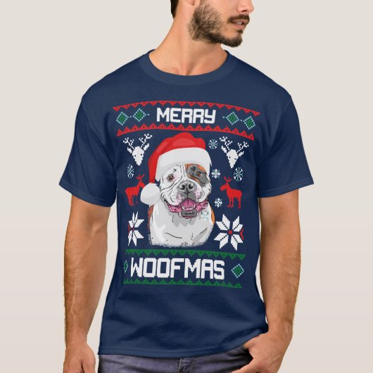 American Bulldog Merry Woofmas kerstmis T-Shirt (Voorkant)