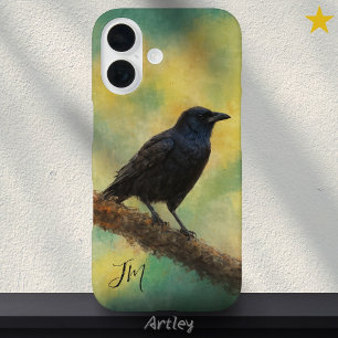 American Crow Bird Schilderij Initialen Custom Nam iPhone 16 Hoesje