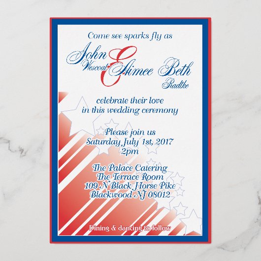 American Dream bruiloft rood wit en blauw bruiloft Folie Uitnodiging (Voorkant)