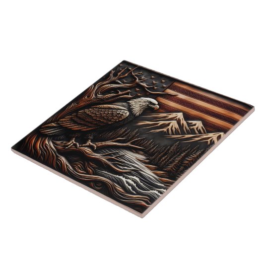 American Eagle Sculpture met bergen en vlag Tegeltje (Zijkant)