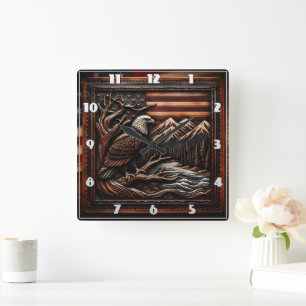 American Eagle Sculpture met bergen en vlag Vierkante Klok