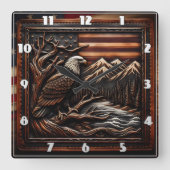 American Eagle Sculpture met bergen en vlag Vierkante Klok (Voorkant)