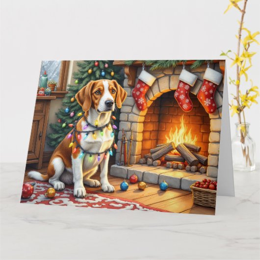 American English Foxhound Christmas Lights  Kaart (Gele Bloem)